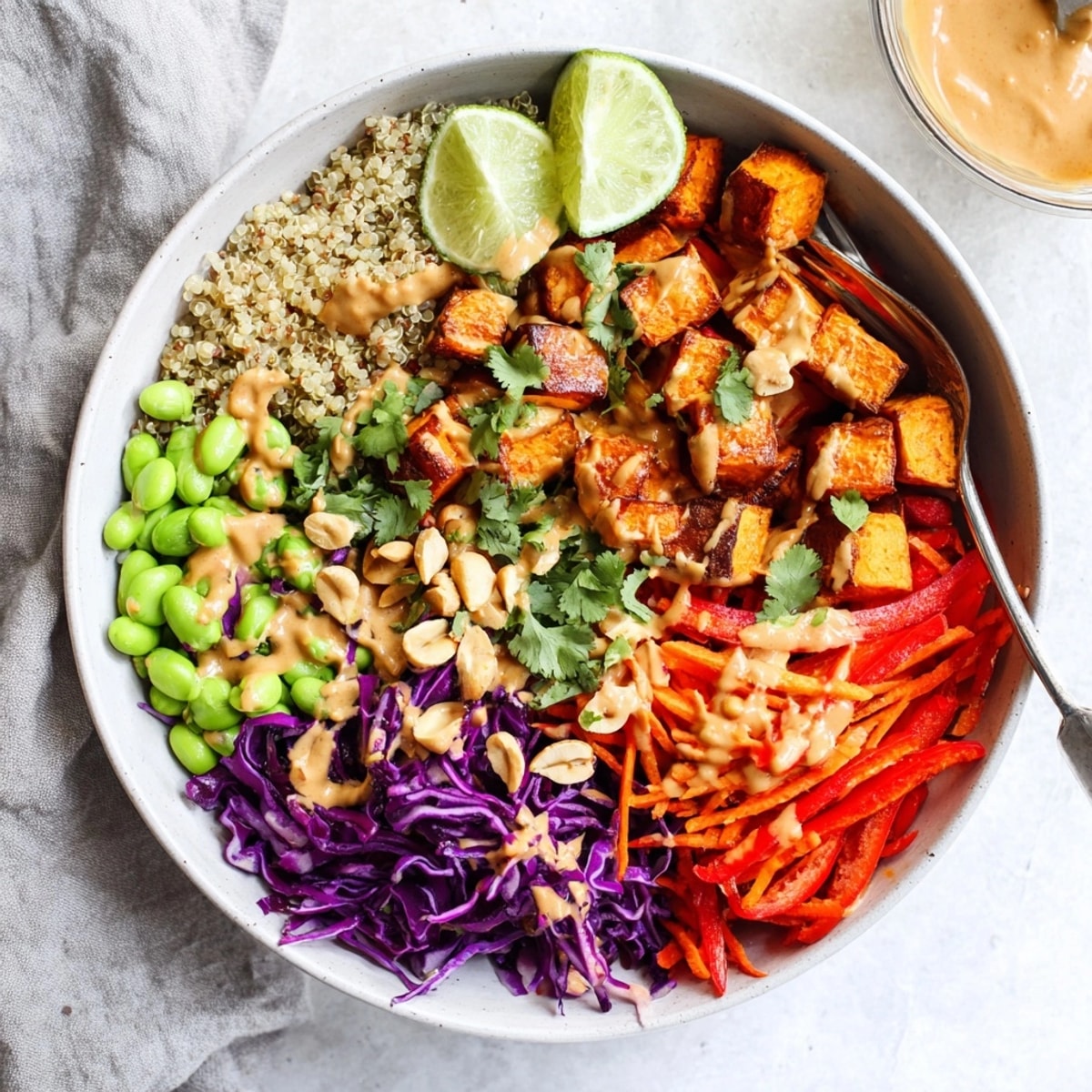 A spoonful of the Thai Peanut Roasted Sweet Potato Bowl showing the sauce.