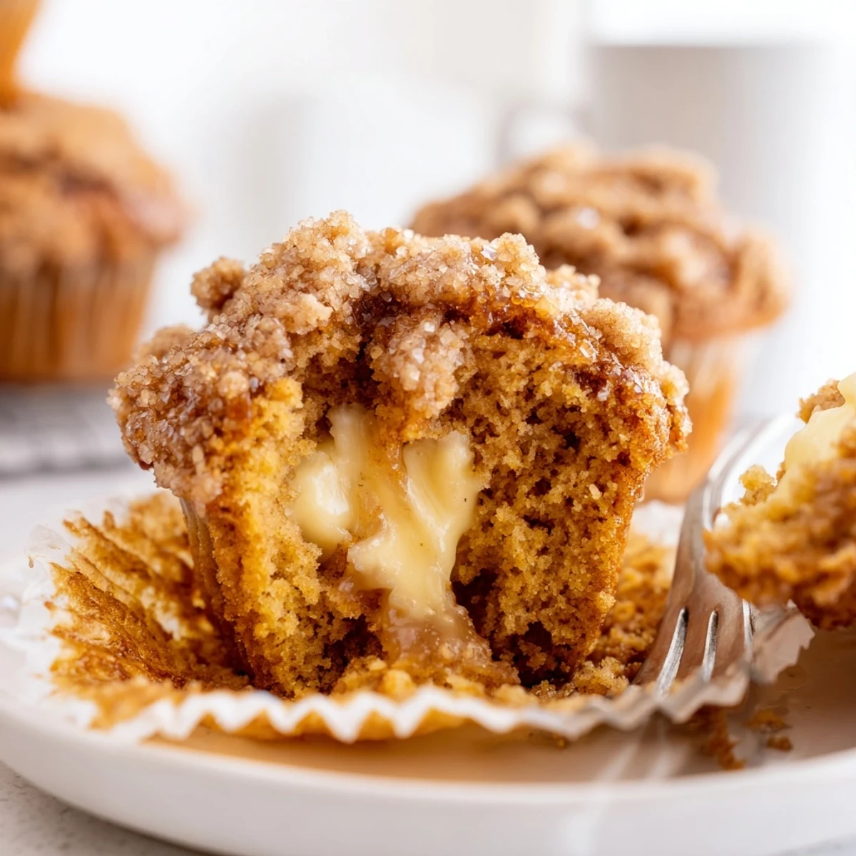 Moist pumpkin muffins stuffed with creamy maple filling, perfect for fall mornings.  
