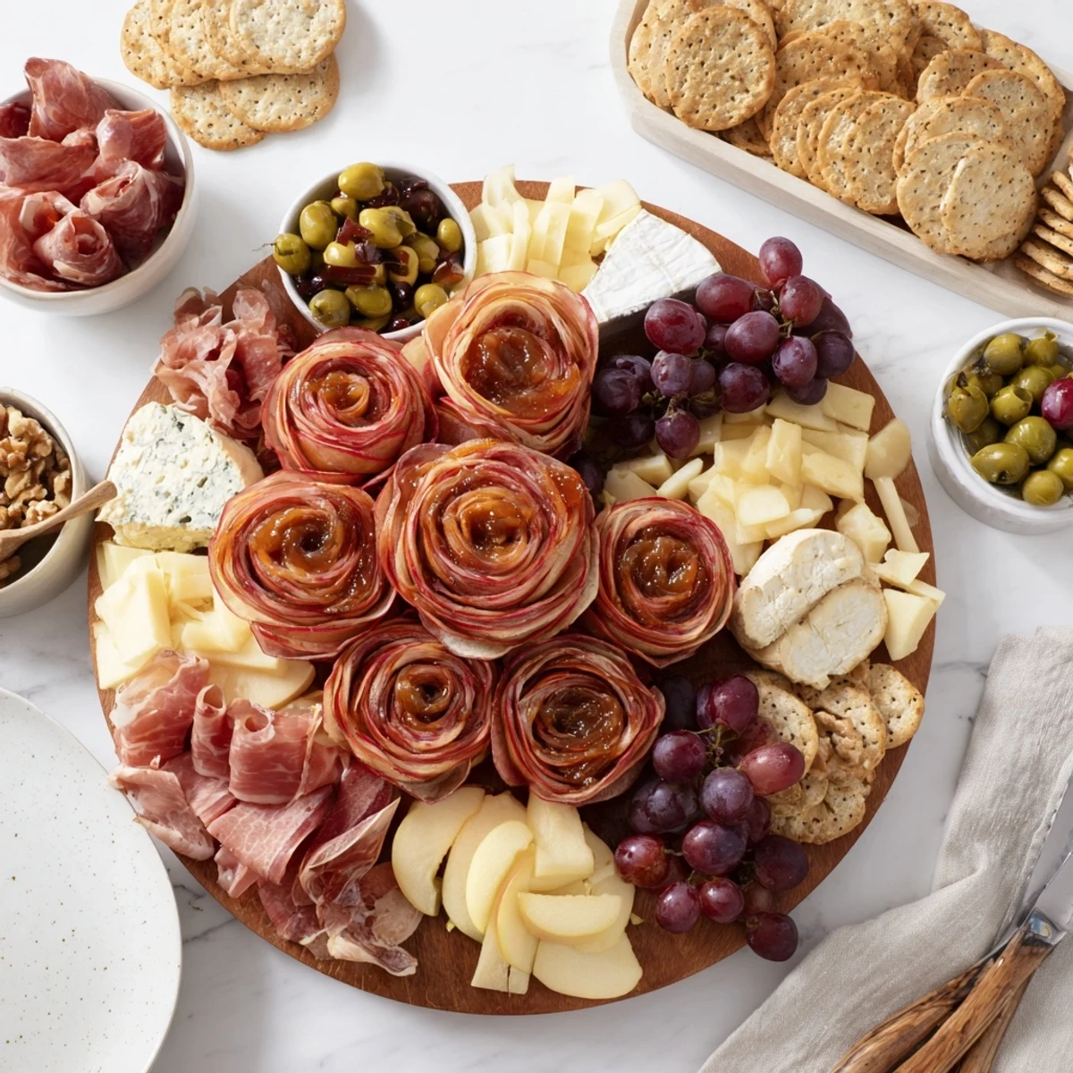 Luxurious charcuterie board, adorned with apple rosettes and a medley of cured meats.