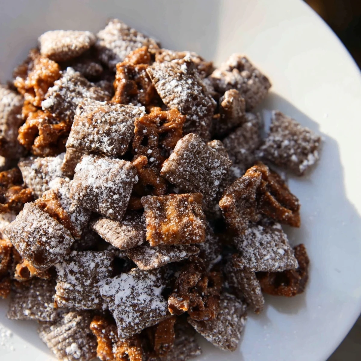 Chai-Spiced Puppy Chow dessert adorned with powdered sugar and seasonal spices.  