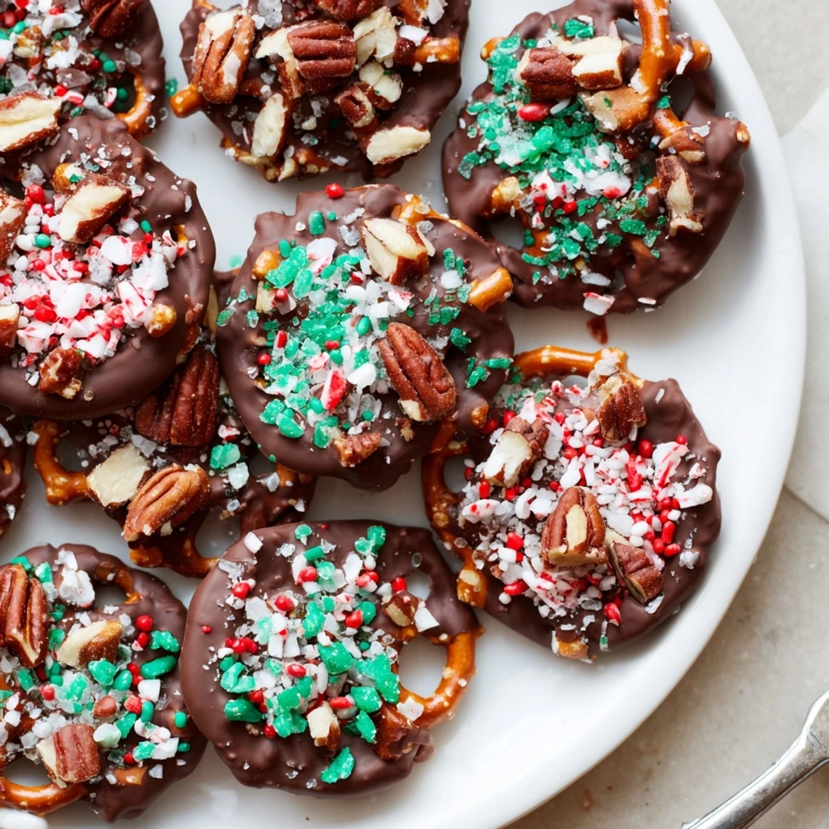 Deliciously coated Holiday Snack Chocolate Pretzel Thins drizzled in semi-sweet chocolate.  