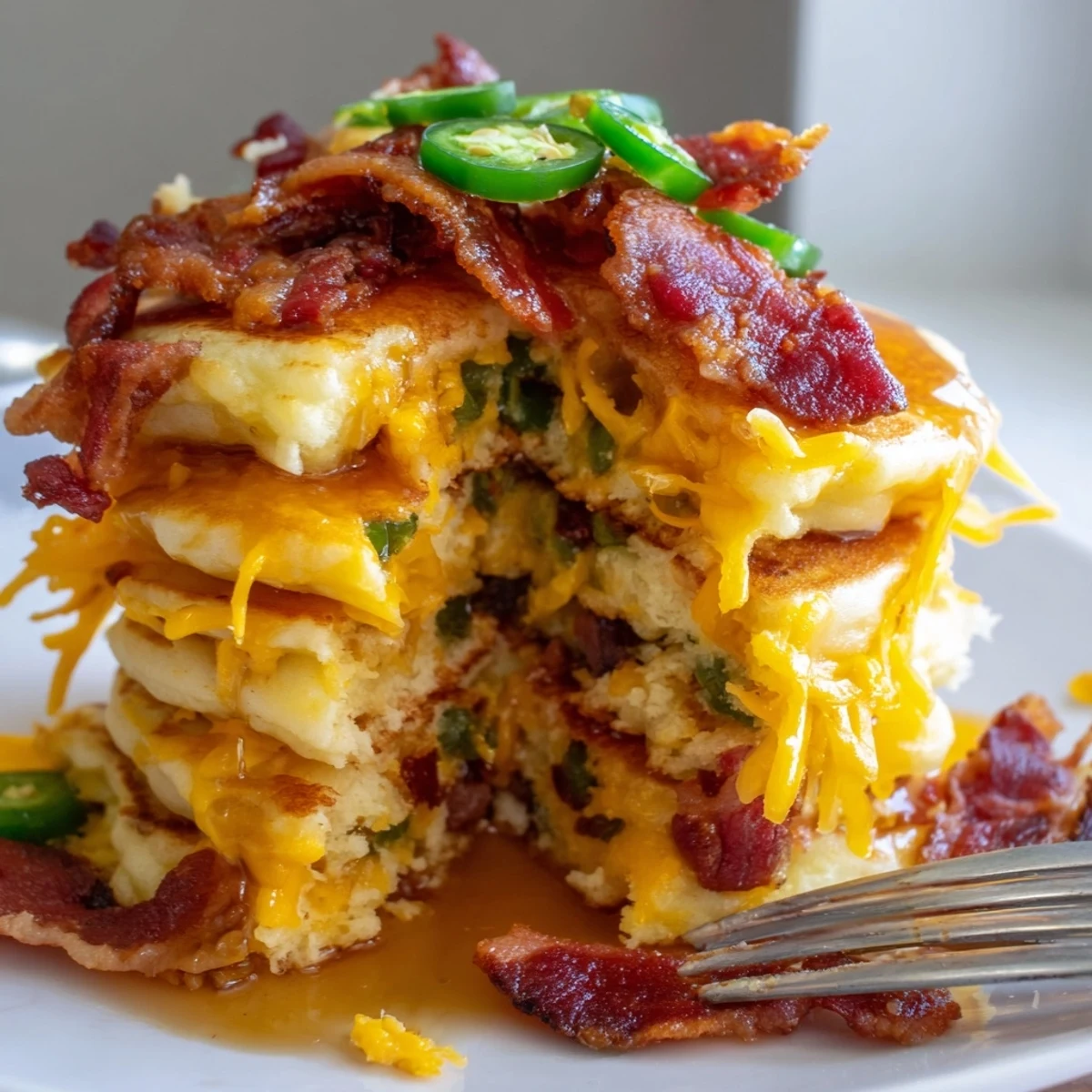 Indulge in Cheddar Jalapeño Chaos Cake pancakes, a spicy twist on classic brunch favorites.