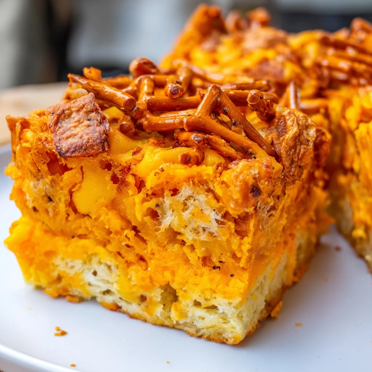 Flamin Hot Spicy Pretzel Muffin Bars topped with crispy pretzels and melted cheese.