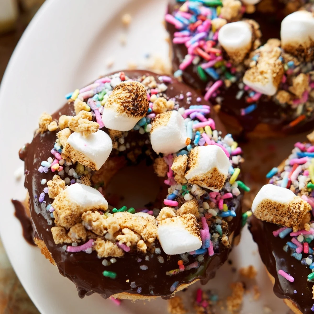 Decadent Smores Birthday Cake Biscuit Donuts topped with toasted marshmallows and graham cracker crumbs.