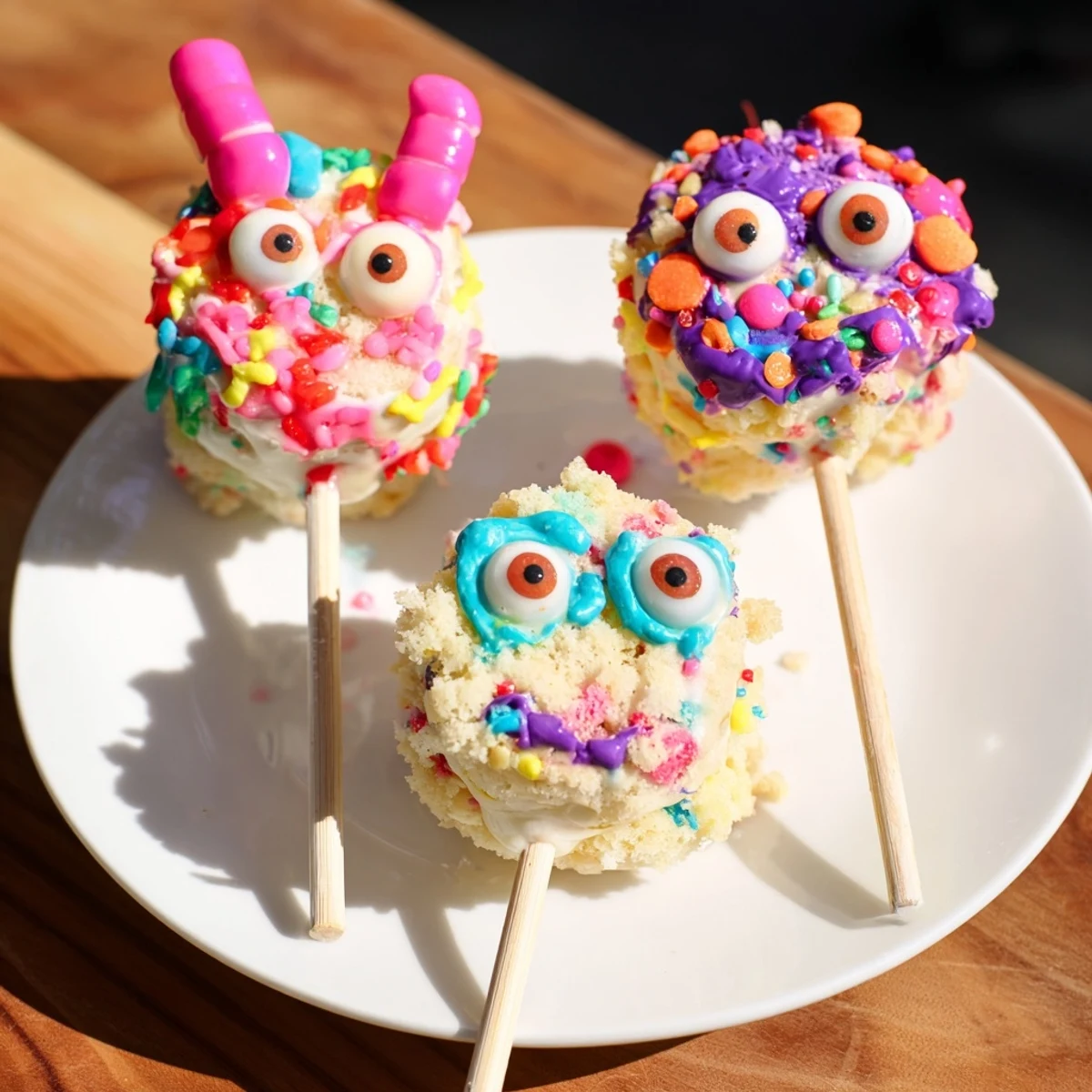 Fluffy Cream Soda Monster Pancake Pops, topped with colorful sprinkles and candy eyes.  