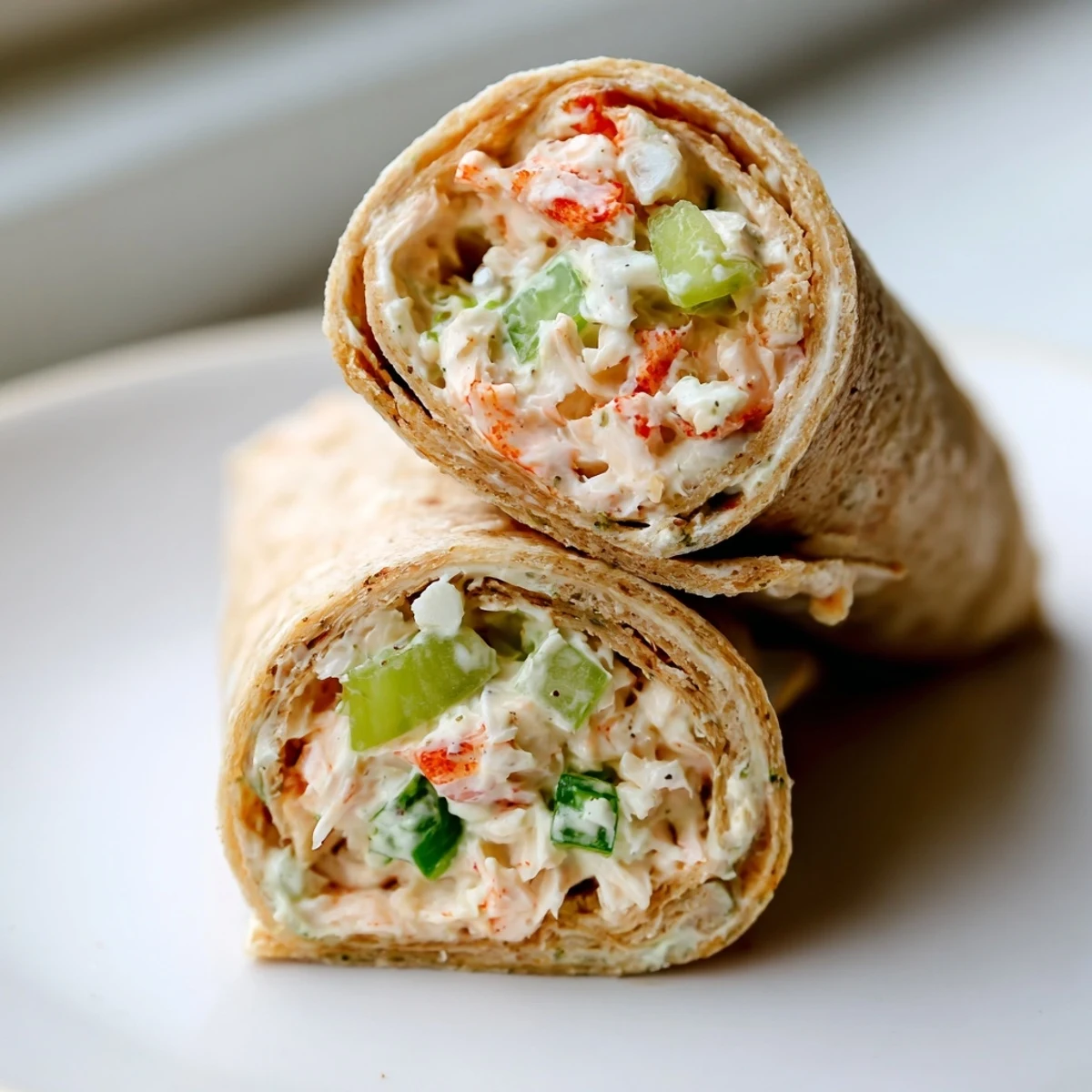 Delicious Quick Crab Wraps rolled up with creamy mayonnaise and vibrant vegetables.  