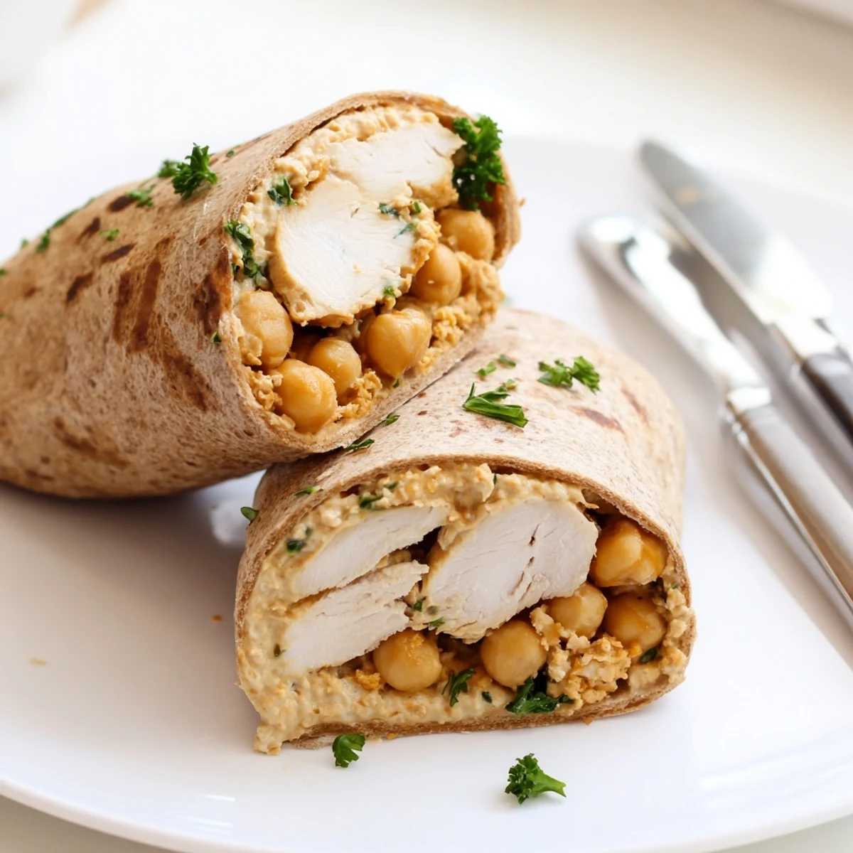 Protein-packed Chicken, Chickpea & Hummus Wraps adorned with fresh parsley and creamy hummus.