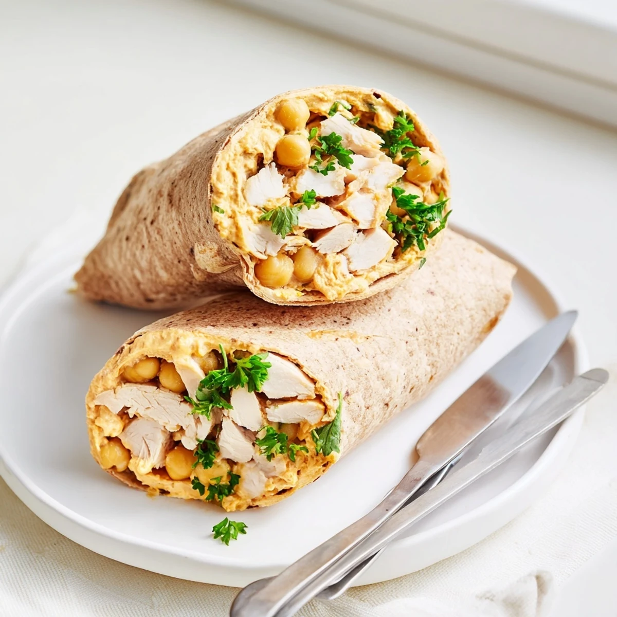 Savory Chicken, Chickpea & Hummus Wraps bursting with Mediterranean flavors, perfect for a quick lunch.