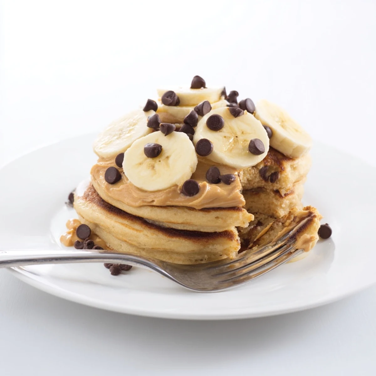 Fluffy peanut butter and chocolate pancakes, drizzled with syrup and topped with bananas.  