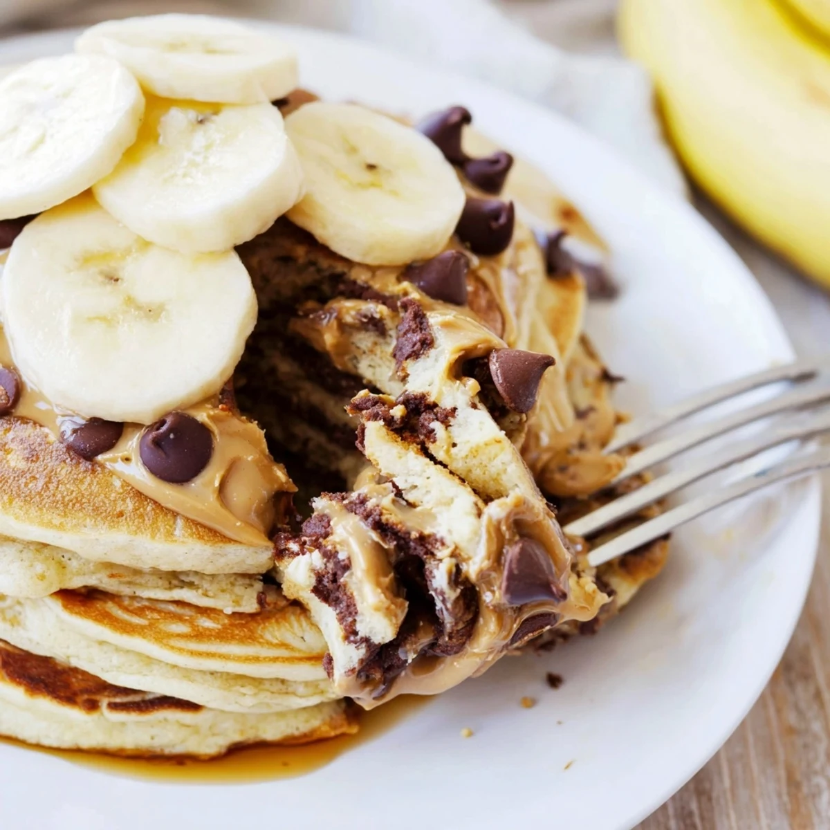 Delicious chocolate chips melting into warm peanut butter pancakes, perfect for breakfast indulgence.  