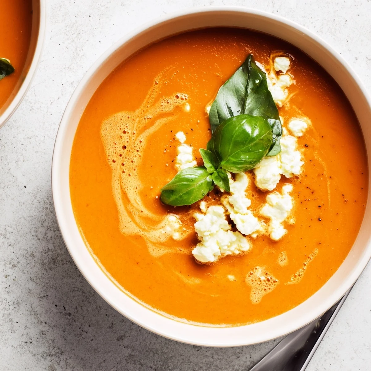 Creamy tomato soup with feta, basil, and a touch of olive oil.  