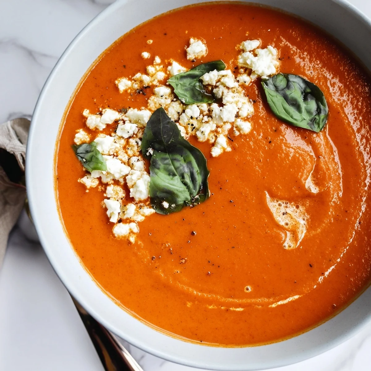 Warm, vibrant tomato soup topped with tangy feta and fresh basil leaves.  