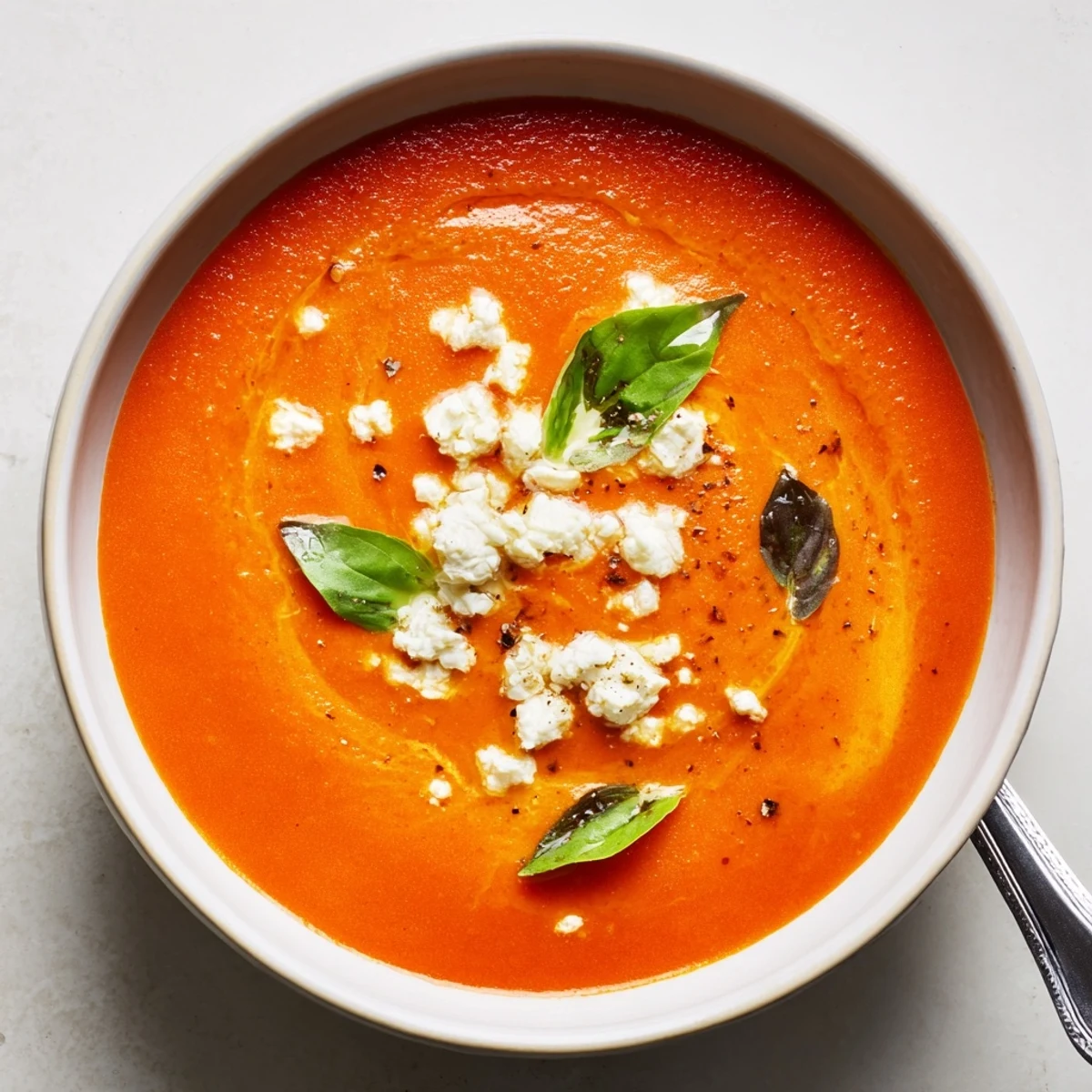 Delicious tomato soup with rich feta, perfect for cozy dinners or lunch.