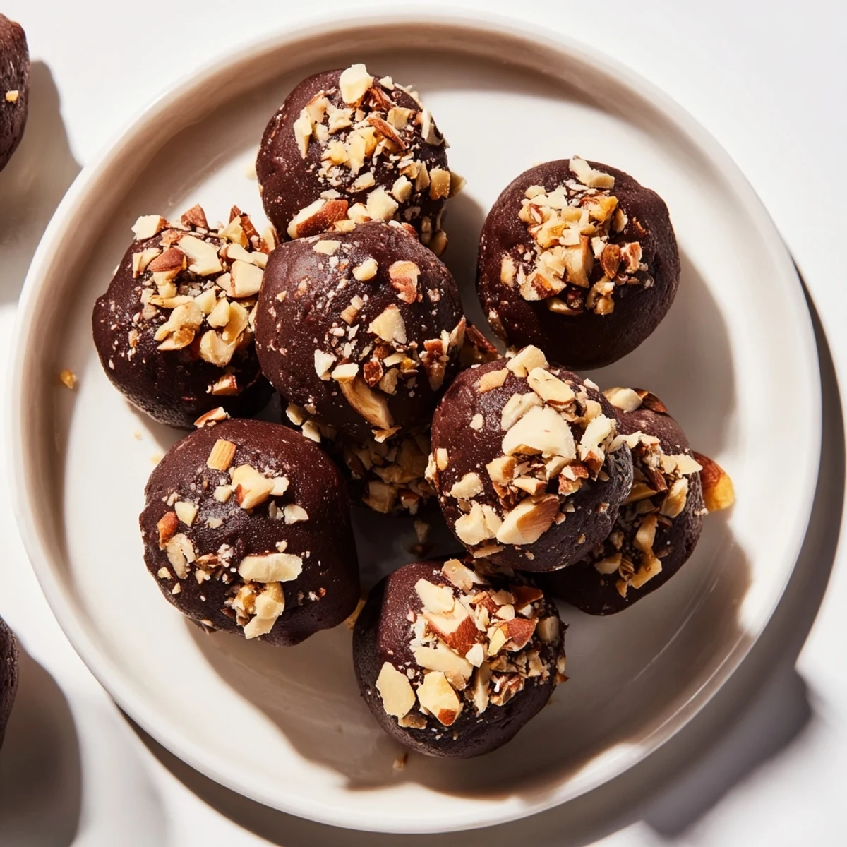 Deliciously fudgy chocolate ricotta truffles rolled in almonds, a delightful treat to savor.