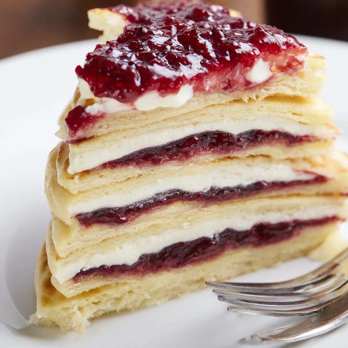 Indulgent cream cheese and jam pancakes stacked high, bursting with fruity flavors.  