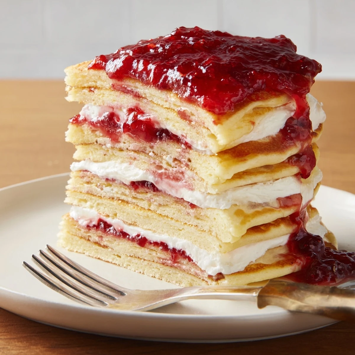 Decadent cream cheese and jam pancakes drizzled with syrup, a morning treat!