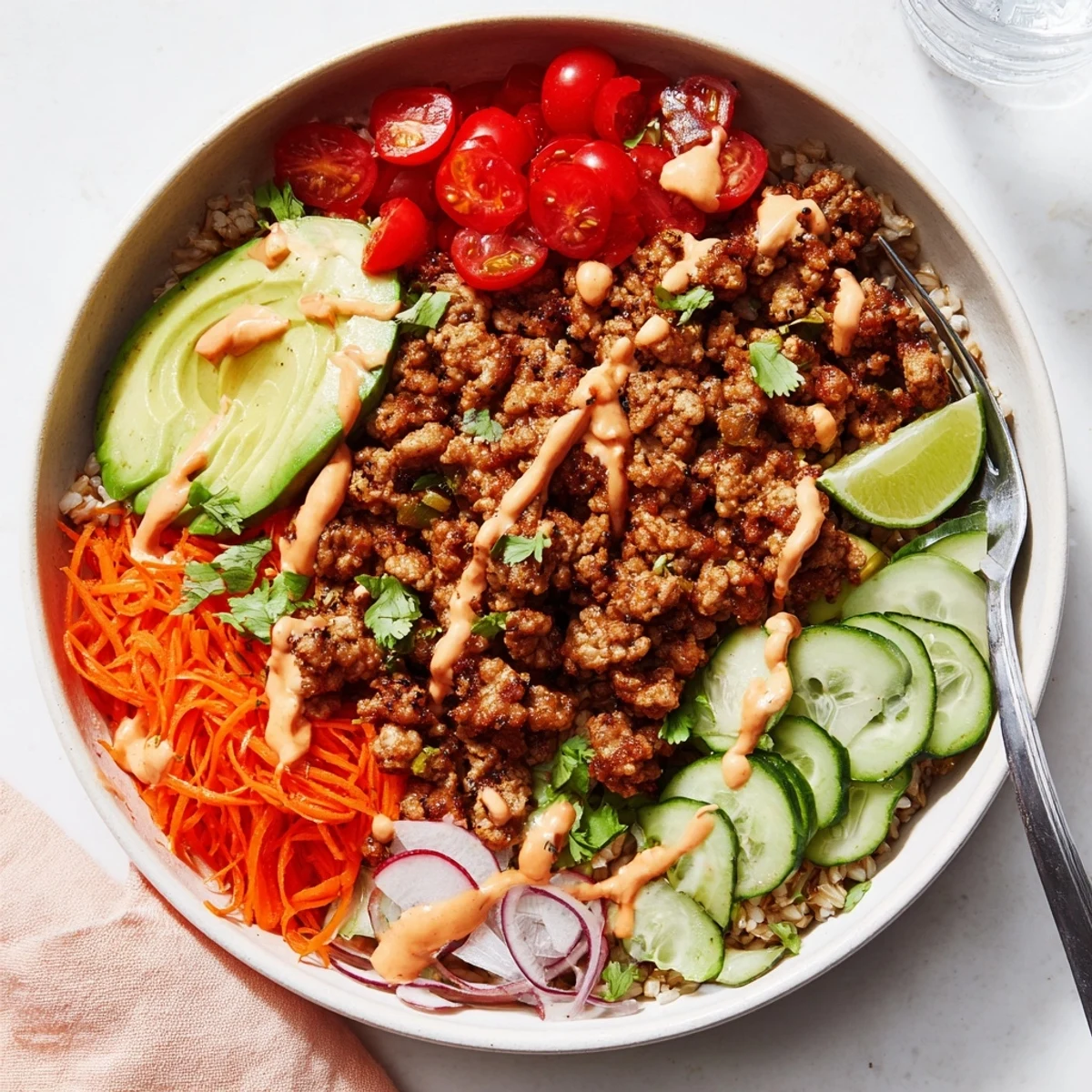 Colorful plant-based meat bowl topped with fresh vegetables and creamy avocado slices.  