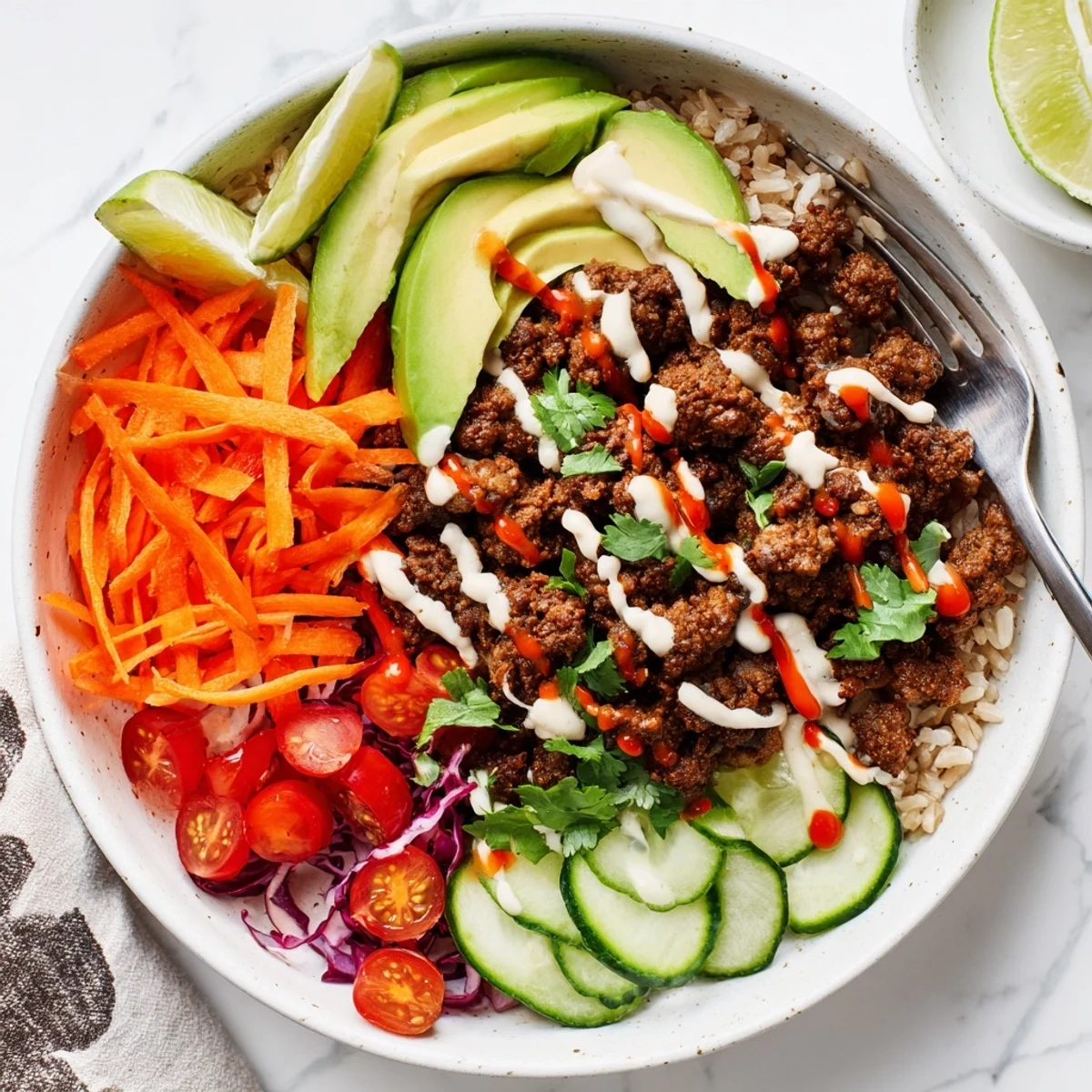 Satisfying plant-based meat bowl drizzled with spicy mayo and fresh ingredients.