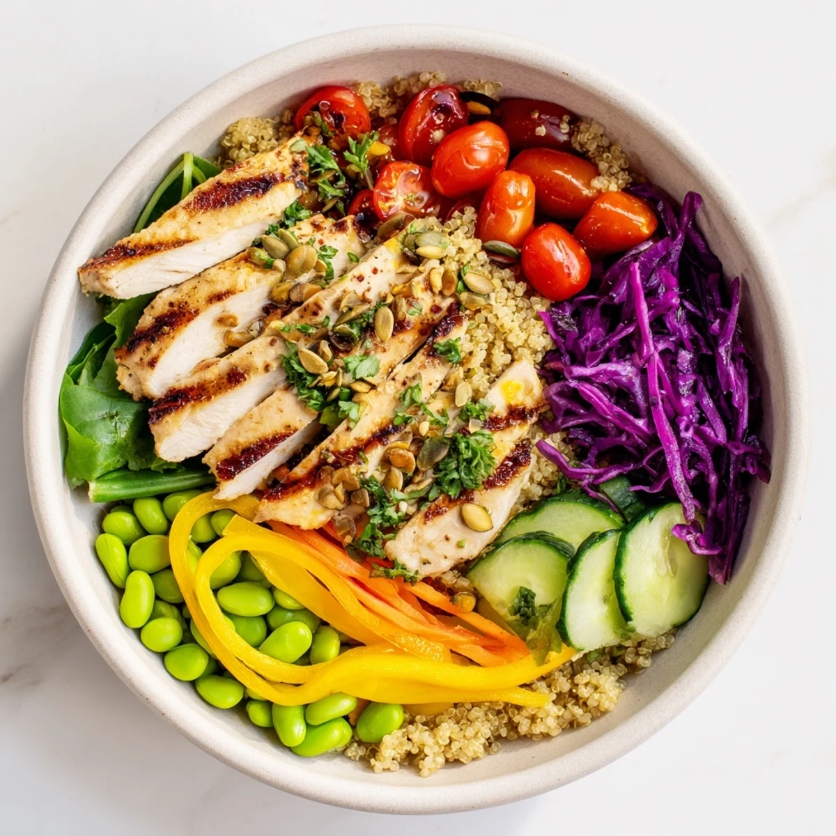 Vibrant Healthy Meal-Prep Bowls showcasing colorful vegetables and zesty dressing layers.  
