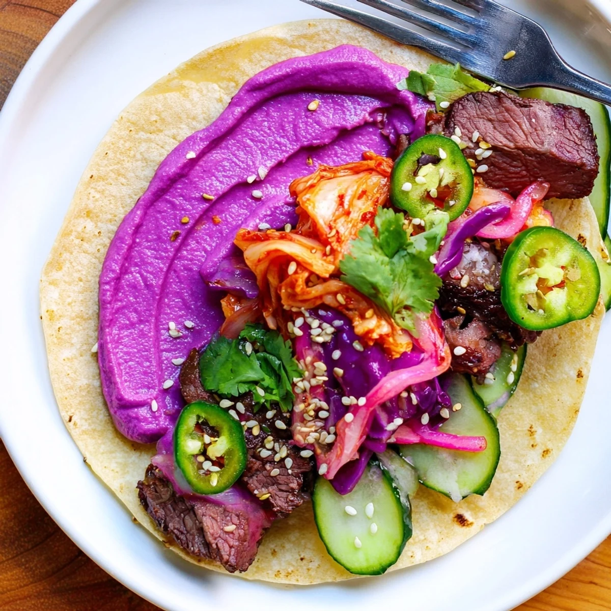 Delicious Global Street-Food Fusion Tacos layered with vibrant ube crema and fresh toppings.  