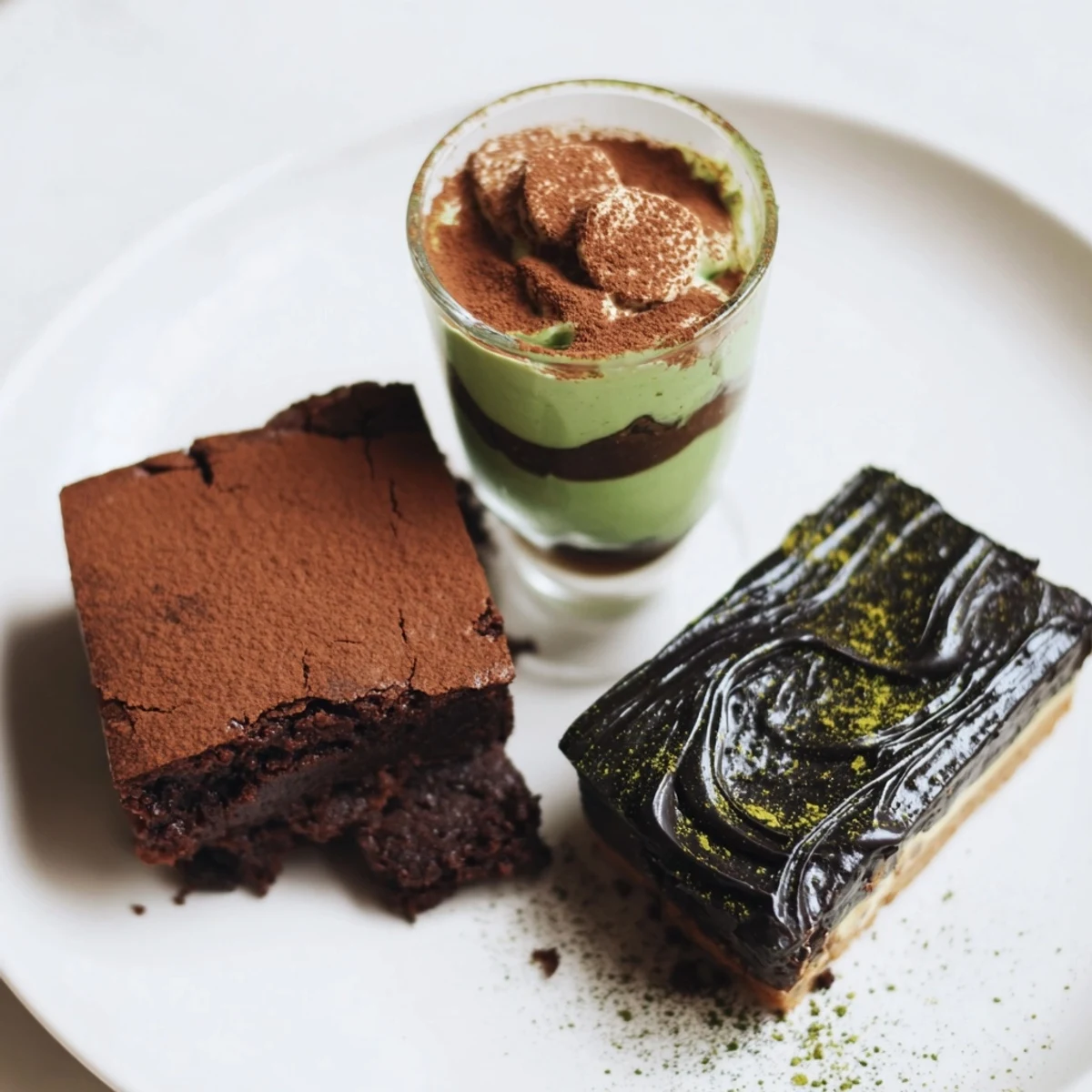 Delicious matcha-miso brownies exhibiting a rich, fudgy texture with vibrant green swirls.