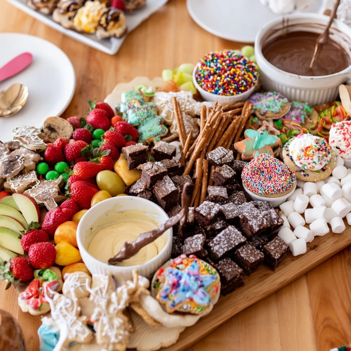 Festive dessert boards with themed snacks, showcasing vibrant fruits and treats.  