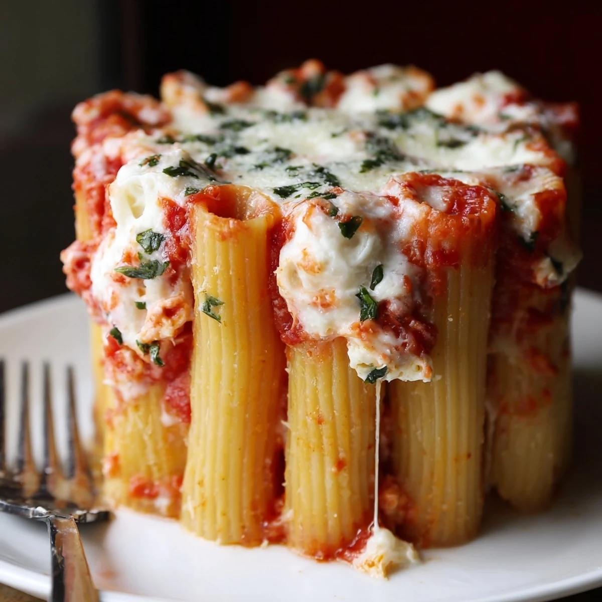 Baked honeycomb pasta cake served warm, showcasing gooey cheese and vibrant sauce.