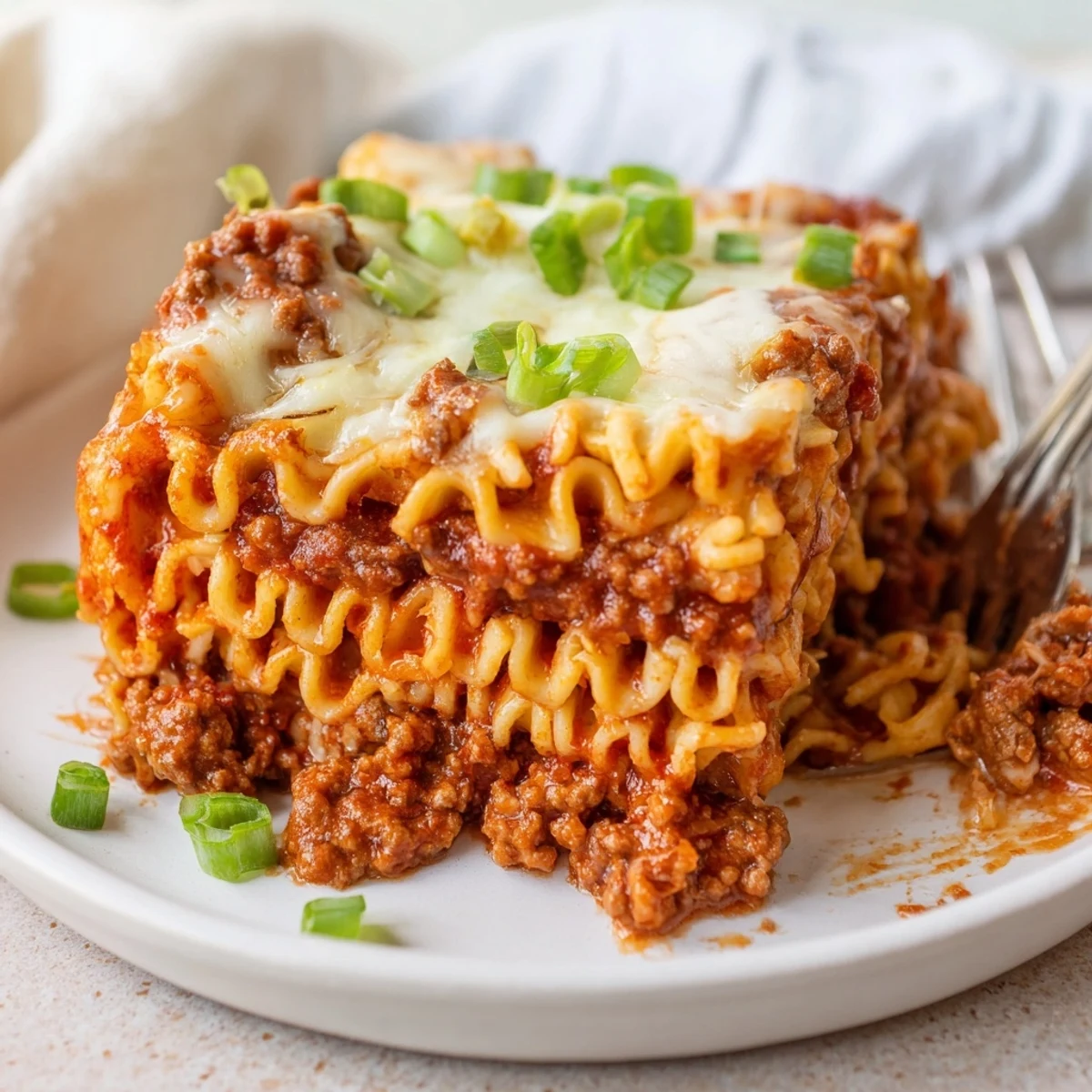 Layers of spicy ramen lasagna piled high with rich ground pork and creamy cheese.  