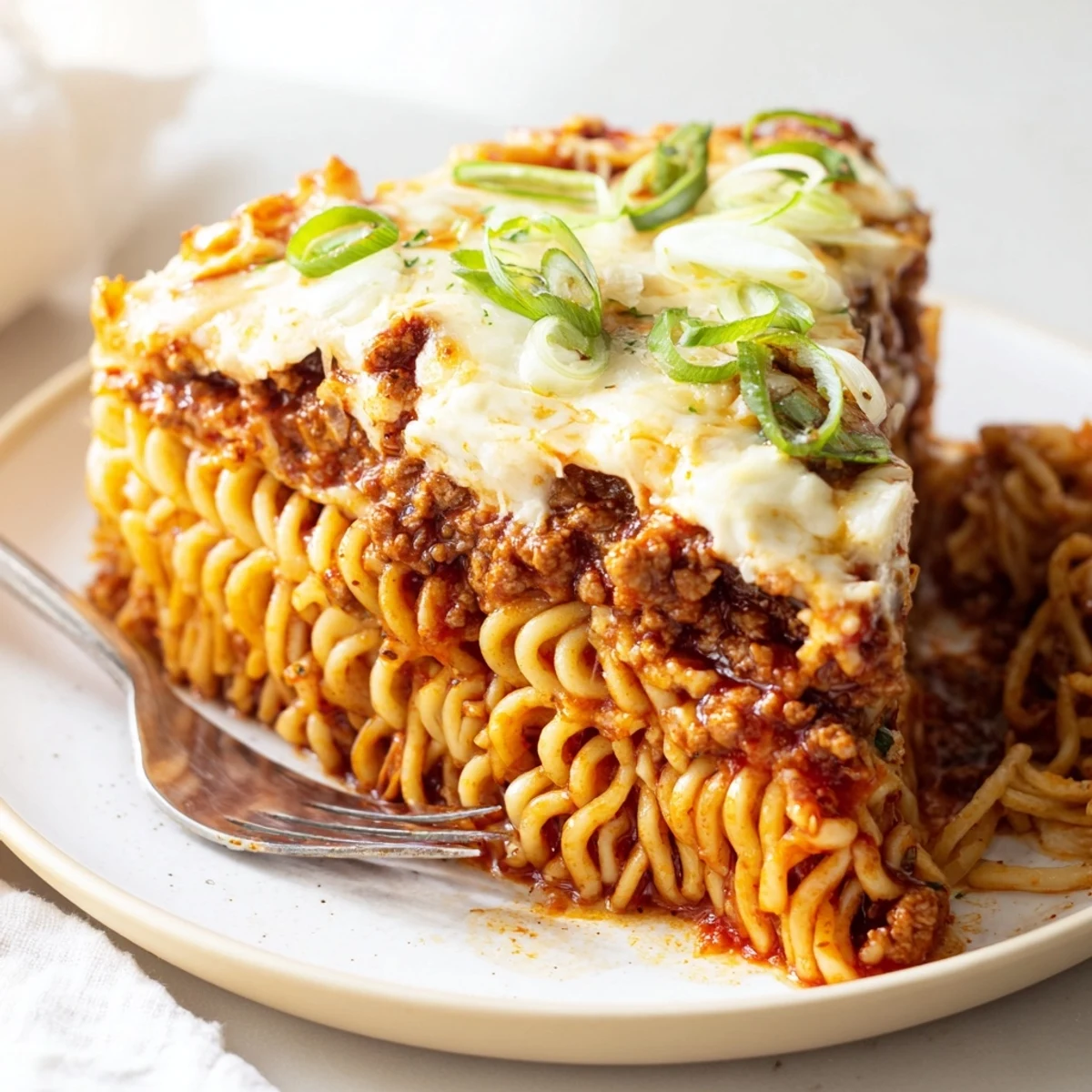A comforting spicy ramen lasagna baked until bubbly, perfect for family gatherings.  