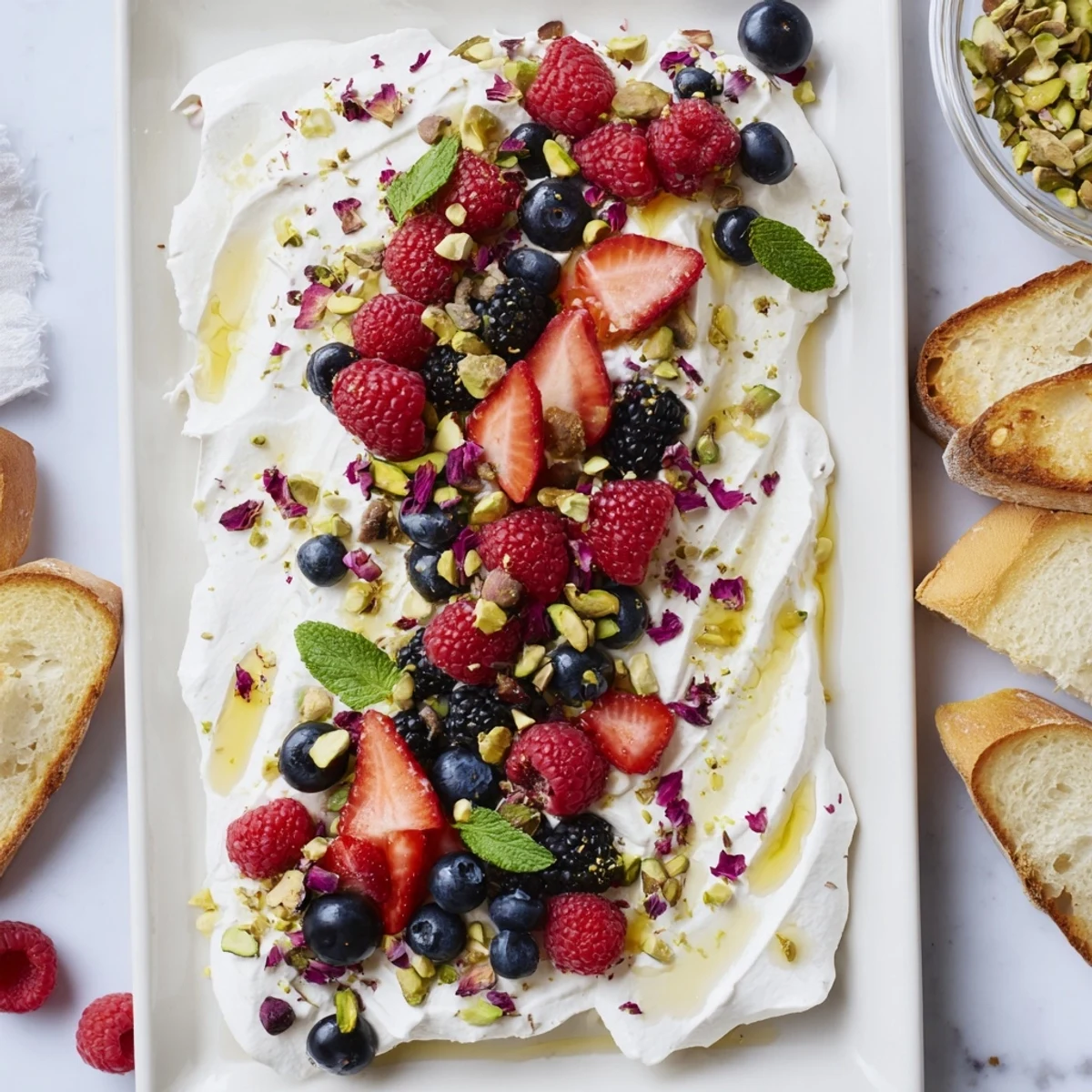 A vibrant Butter Board Dessert Version topped with fresh berries and nuts.  