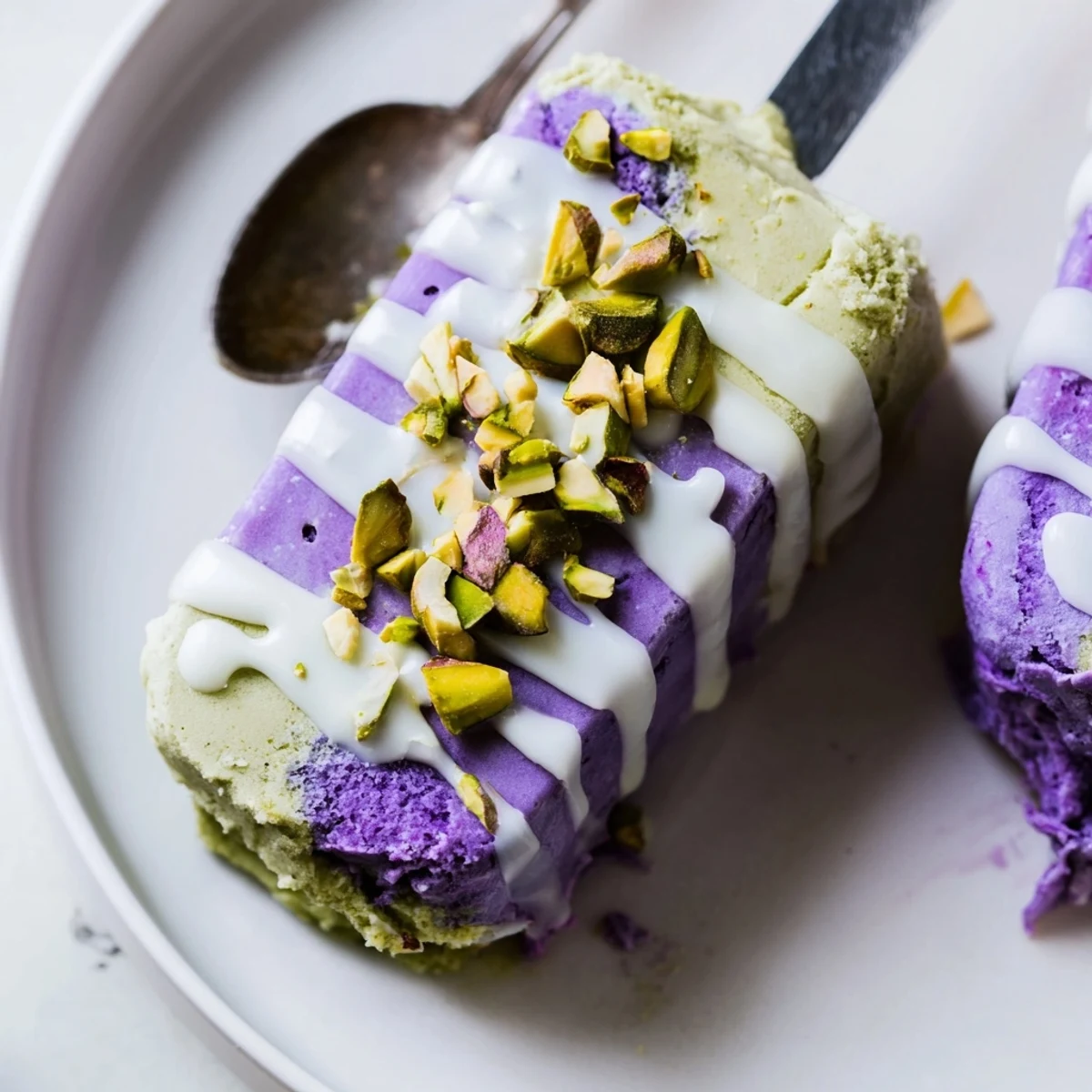Vibrant ube and nutty pistachio layers meet in these delightful frozen dessert bars.