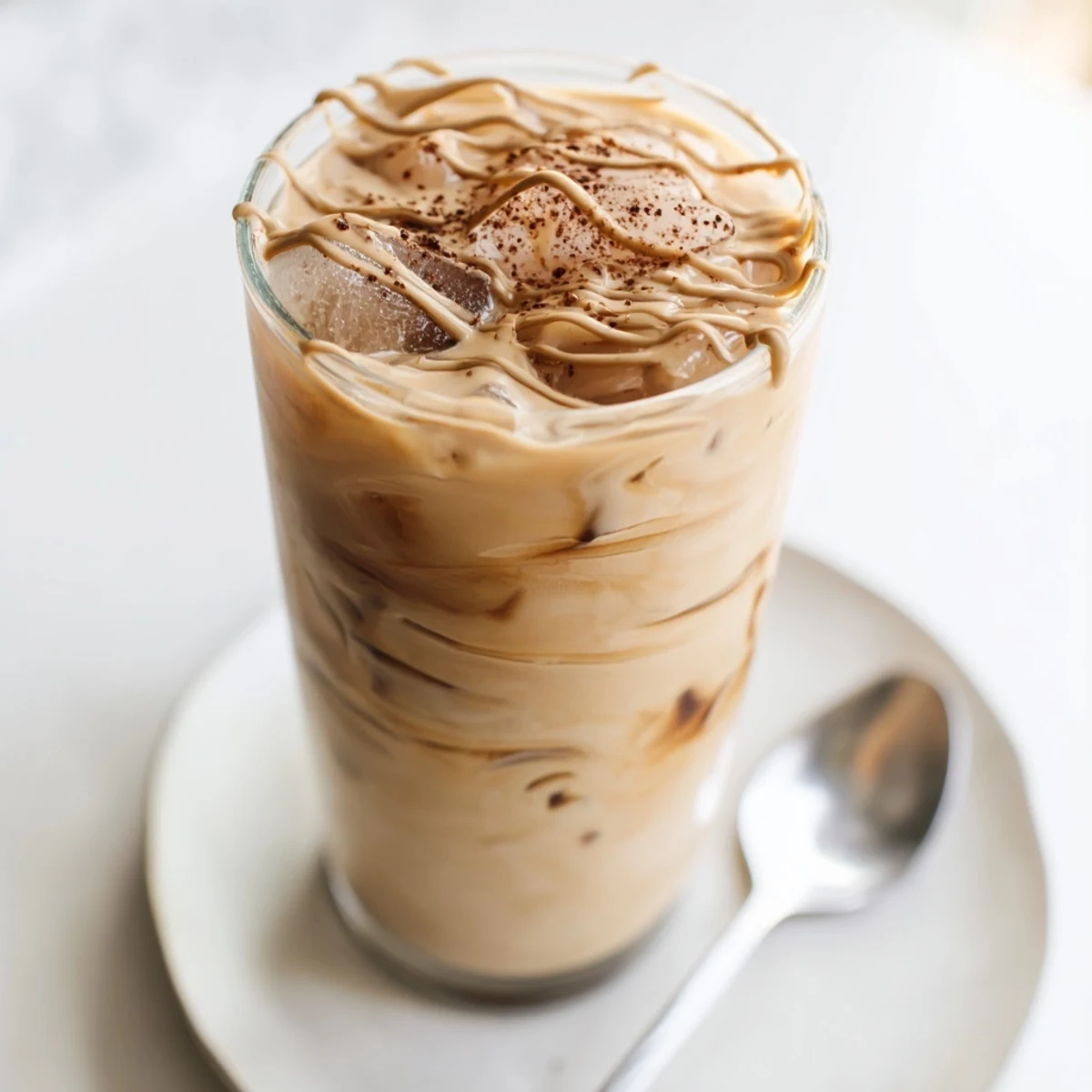 Creamy tahini iced coffee topped with plant-based milk and sweet maple syrup.  