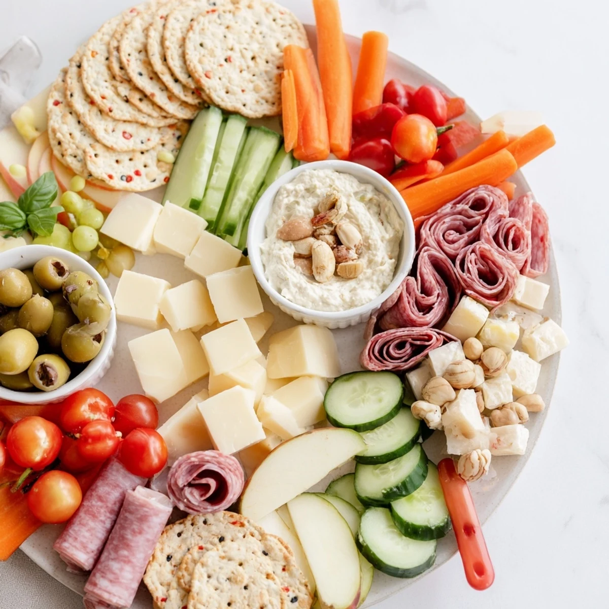 A colorful Girl Dinner Platter showcasing cheese, fresh fruits, and crunchy snacks.  