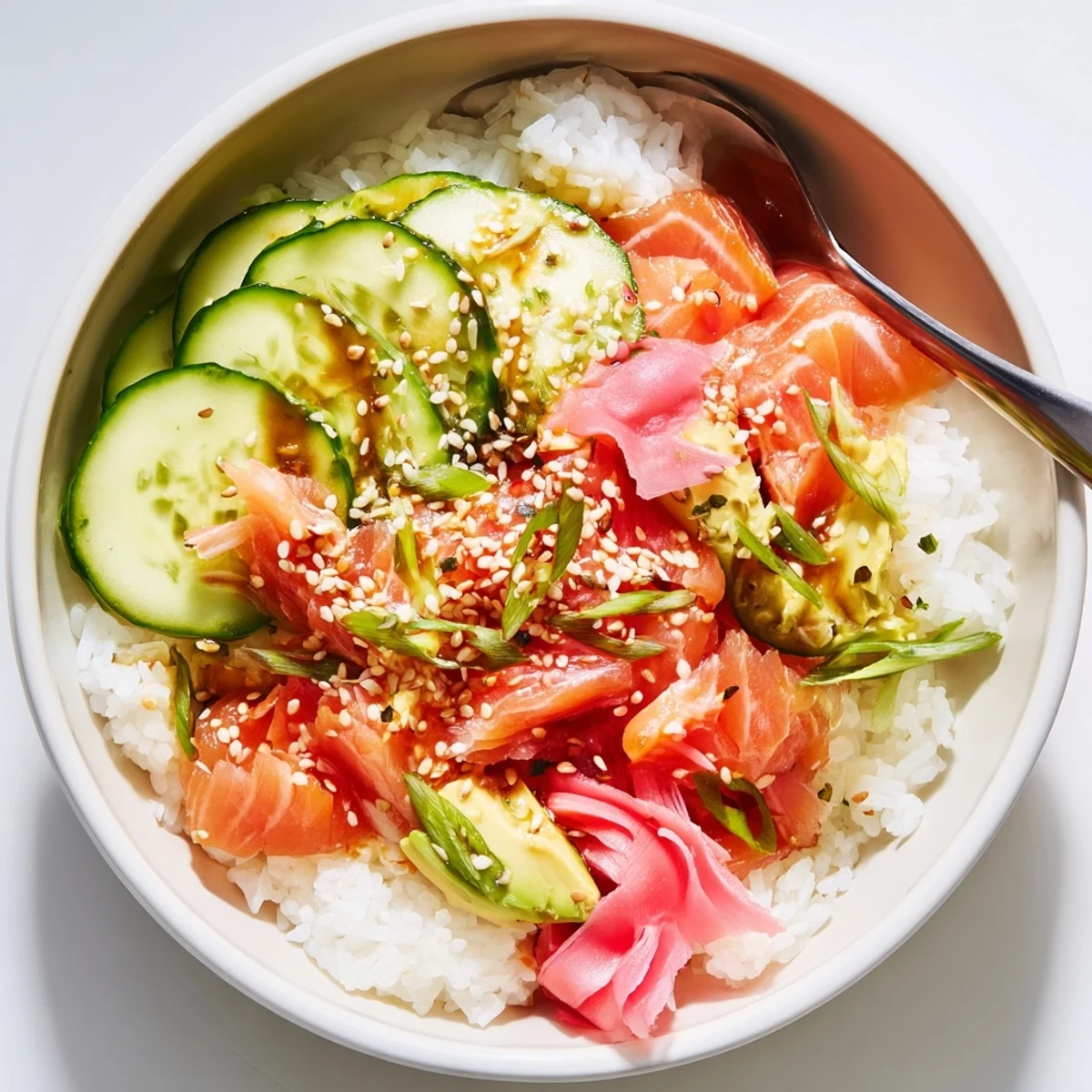Delicious Leftover Salmon & Rice Bowl topped with fresh avocado and cucumber slices.  