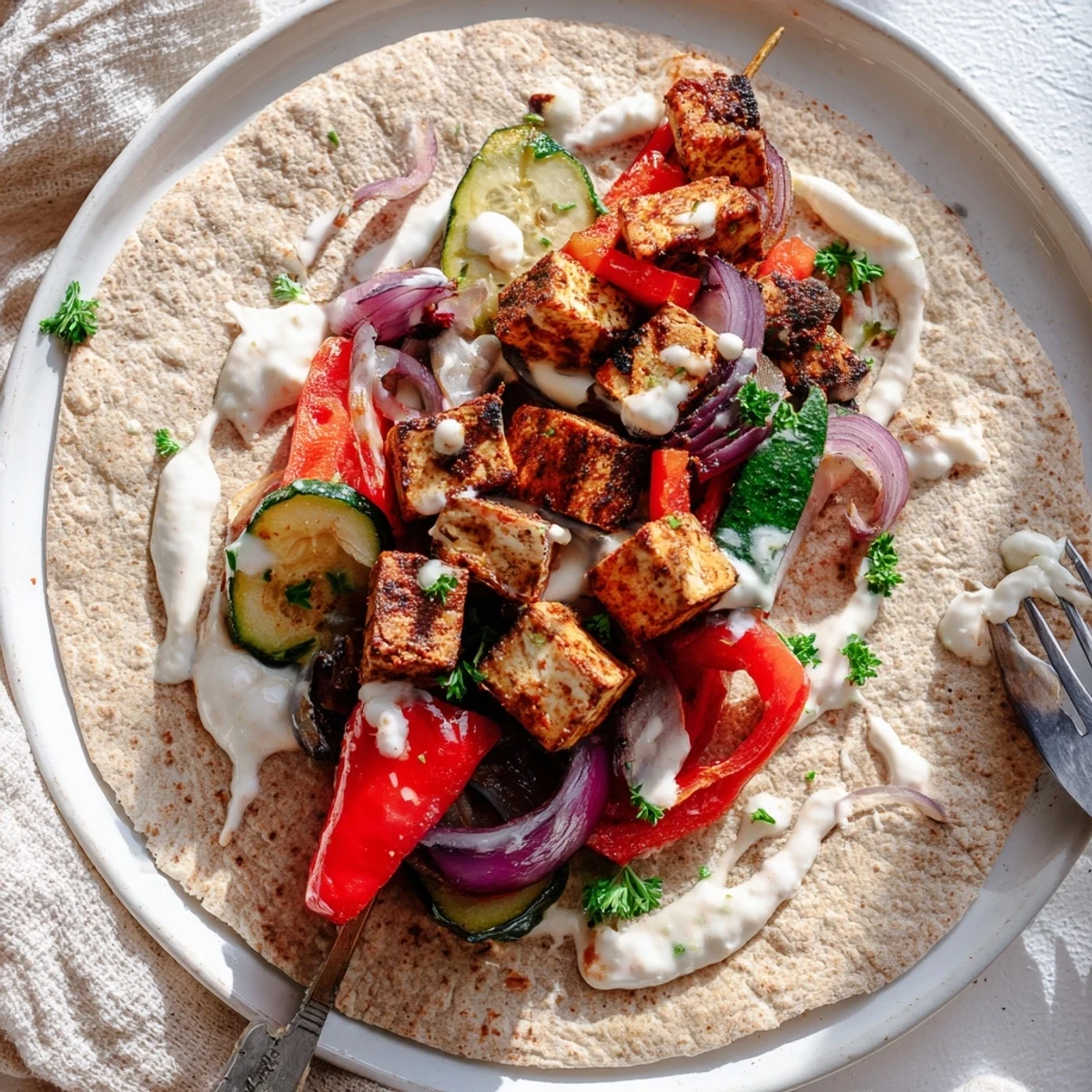 Colorful Vegan Viral Recipe Re-make featuring marinated tofu and creamy tahini sauce.
