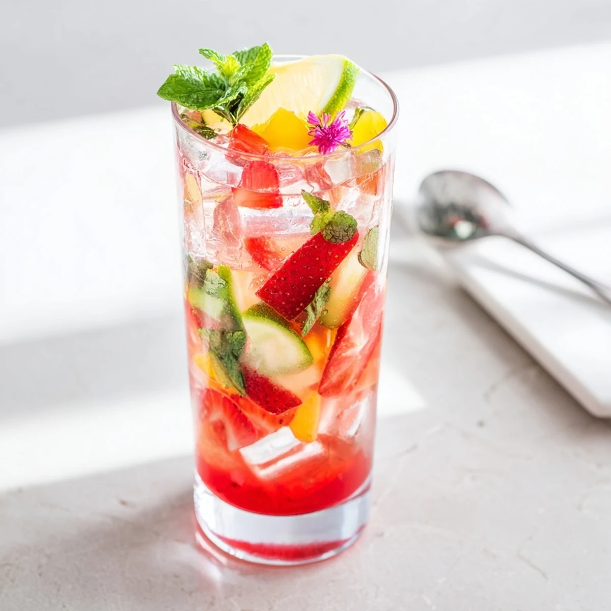 Refreshing water-based mocktails with fresh fruits and mint for a healthy beverage.  