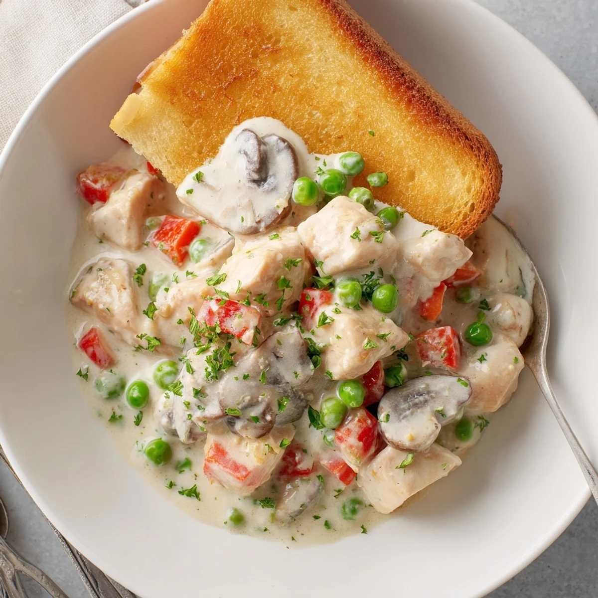 Creamy Chicken à la King overflowing with fresh vegetables, served on buttery toast.  