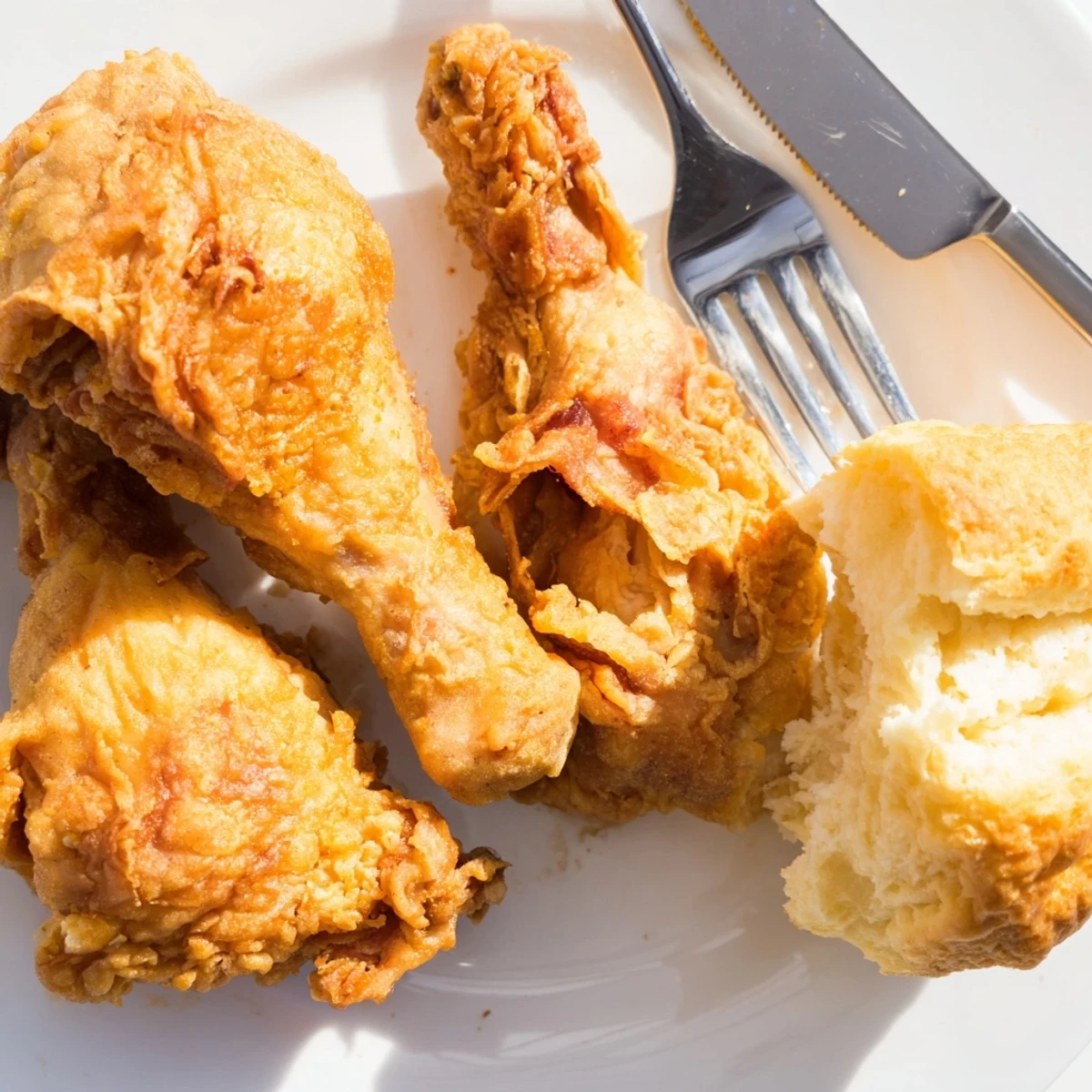 Crispy Southern fried chicken served with warm, buttery buttermilk biscuits delightfully.