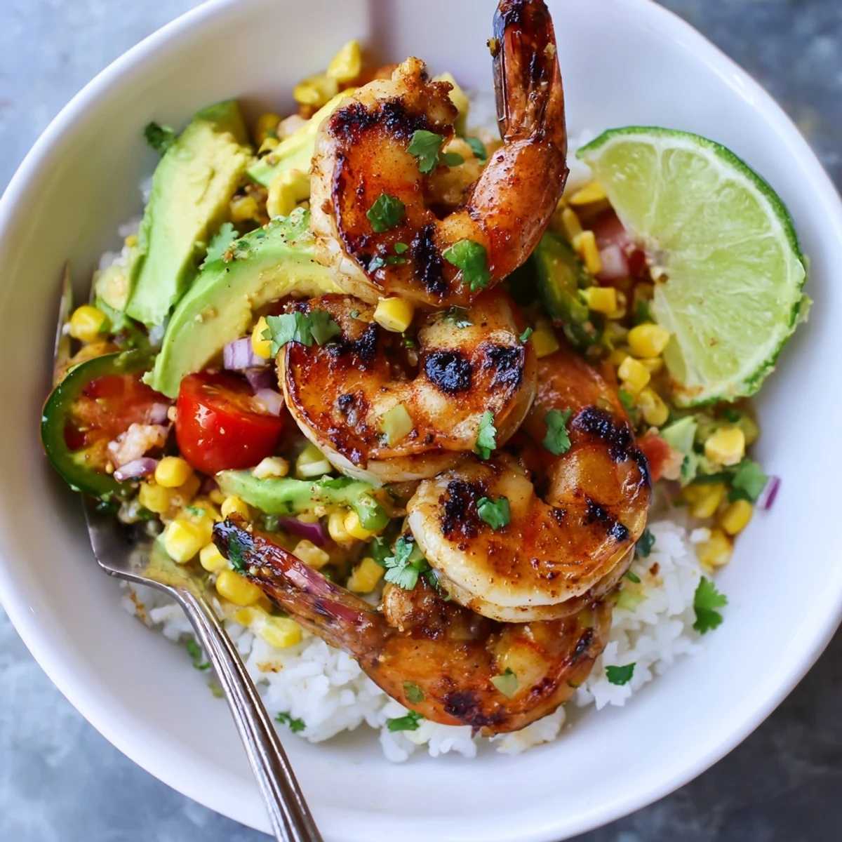 Juicy grilled shrimp bowl topped with creamy avocado corn salsa and lime.  