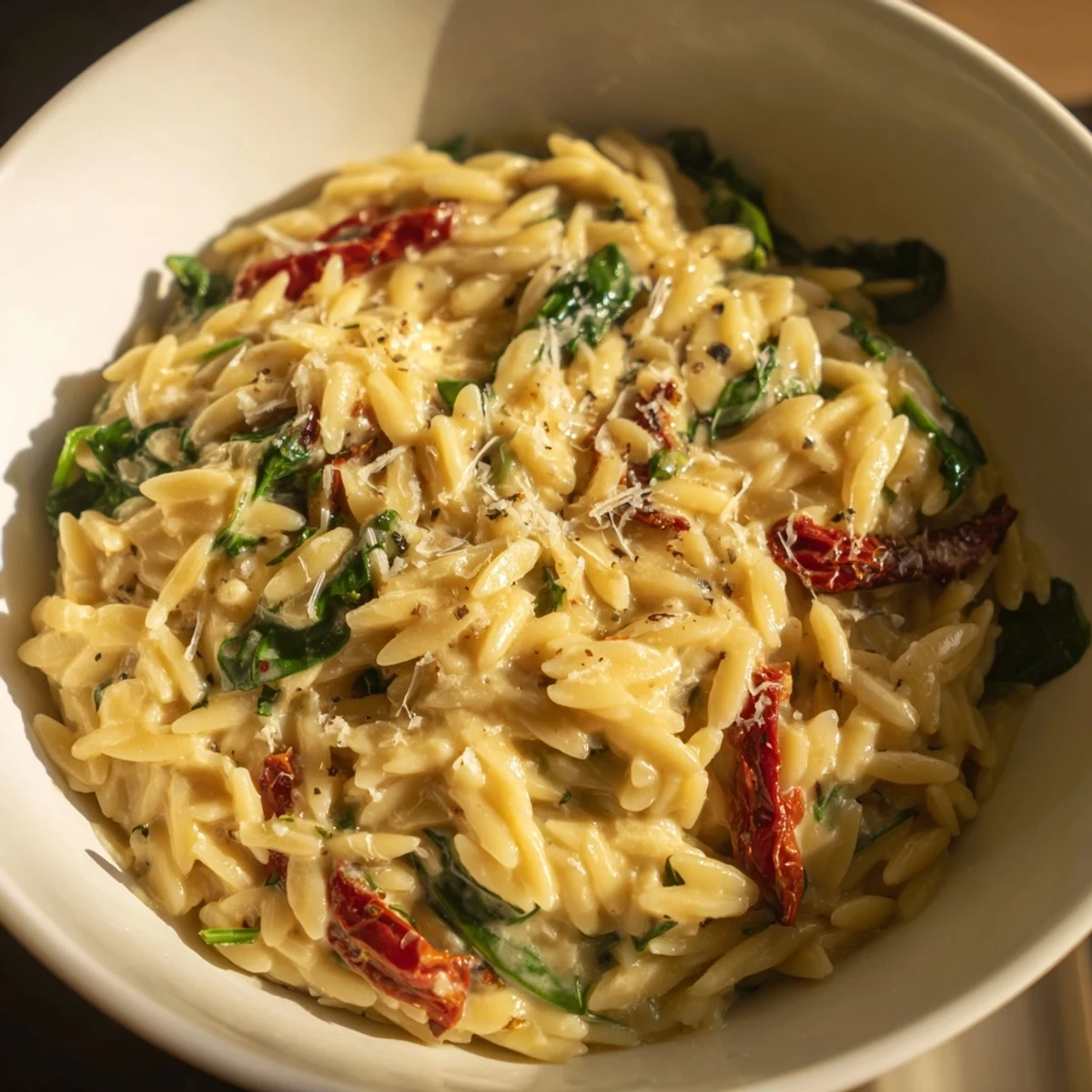 Deliciously creamy Tuscan Orzo Bowl, featuring garlic and spinach in every comforting bite.