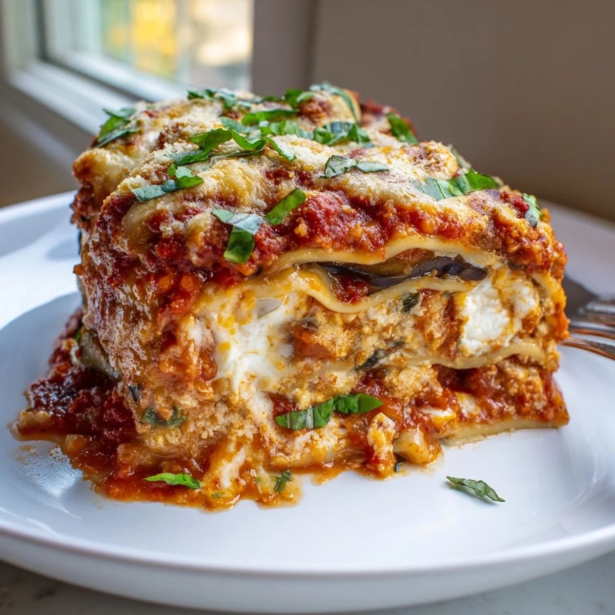 Golden-baked Eggplant Parmesan Lasagna with rich tomato sauce and creamy ricotta inside.  