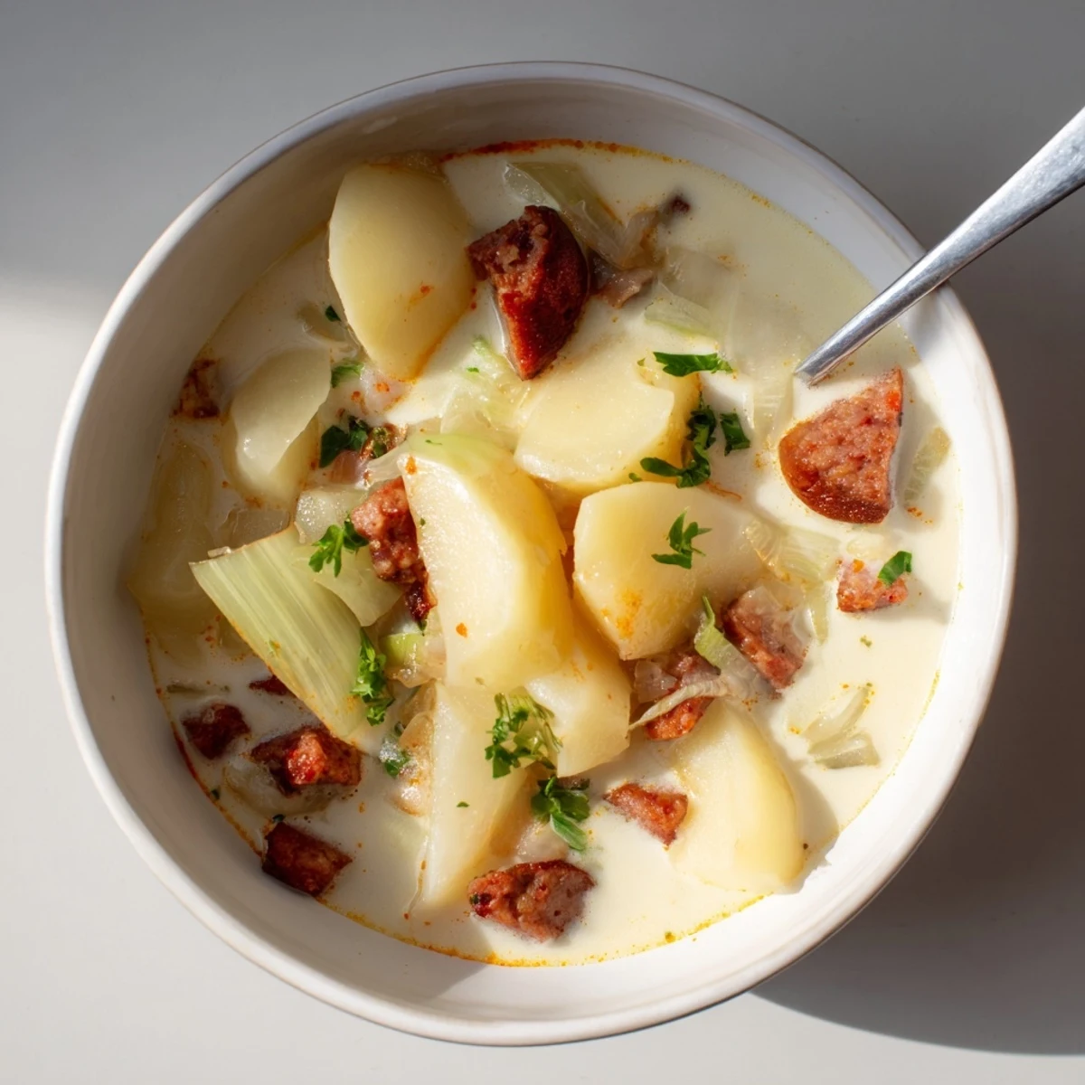 Creamy Potato, Leek & Chorizo Soup Bowl topped with fresh parsley and crusty bread.  