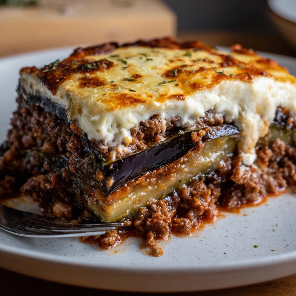 Delicious, baked Moussaka with Beef & Eggplant, topped with creamy Parmesan goodness.  