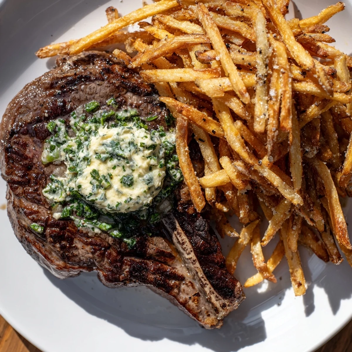 Sizzling Steakhouse Garlic Butter Steak & Fries, showcasing a perfectly seared steak with golden fries and herby butter.