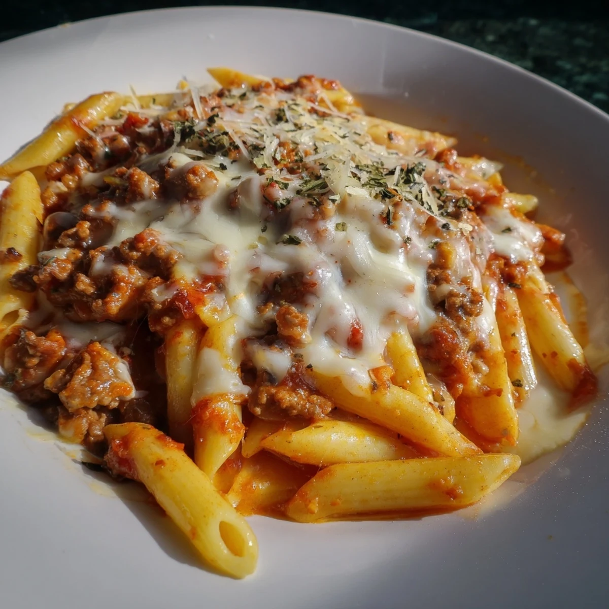 Steaming Cheesy Beef & Penne Bake with a bubbly, golden cheese crust and rich tomato sauce.