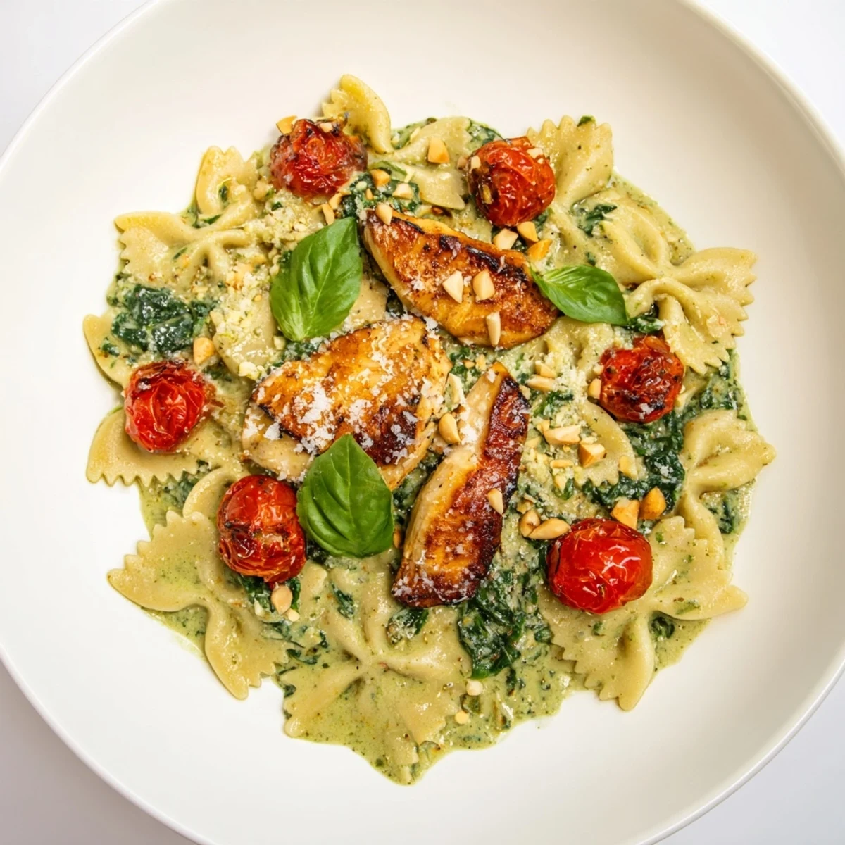 Golden pesto chicken bowtie pasta with cherry tomatoes and fresh basil, ready to serve.