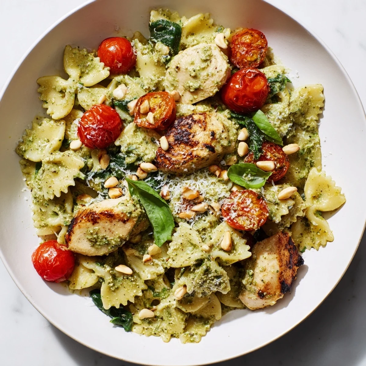 Creamy pesto chicken bowtie pasta with perfectly cooked chicken, a delicious Italian meal.