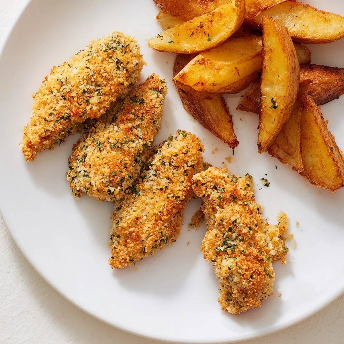 Delicious, pan-fried Herbed Chicken Tenders and golden potato wedges, perfect for a casual gluten-free weeknight meal.
