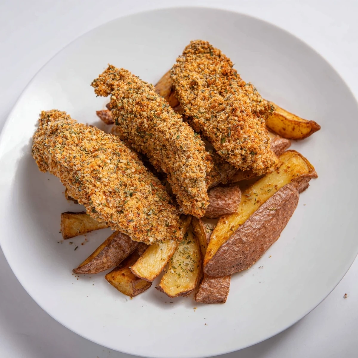 Close-up of crispy, flavorful Herbed Chicken Tenders alongside seasoned, baked potato wedges; a family favorite.