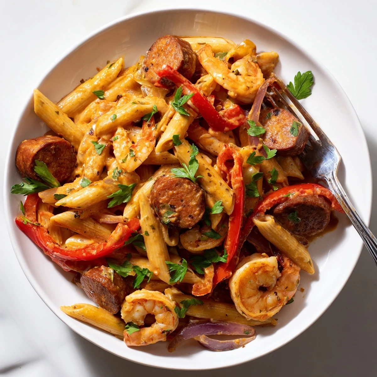 This Cajun Sausage & Shrimp Alfredo pasta skillet shows off tender shrimp and sausage bathed in a rich, flavorful sauce.